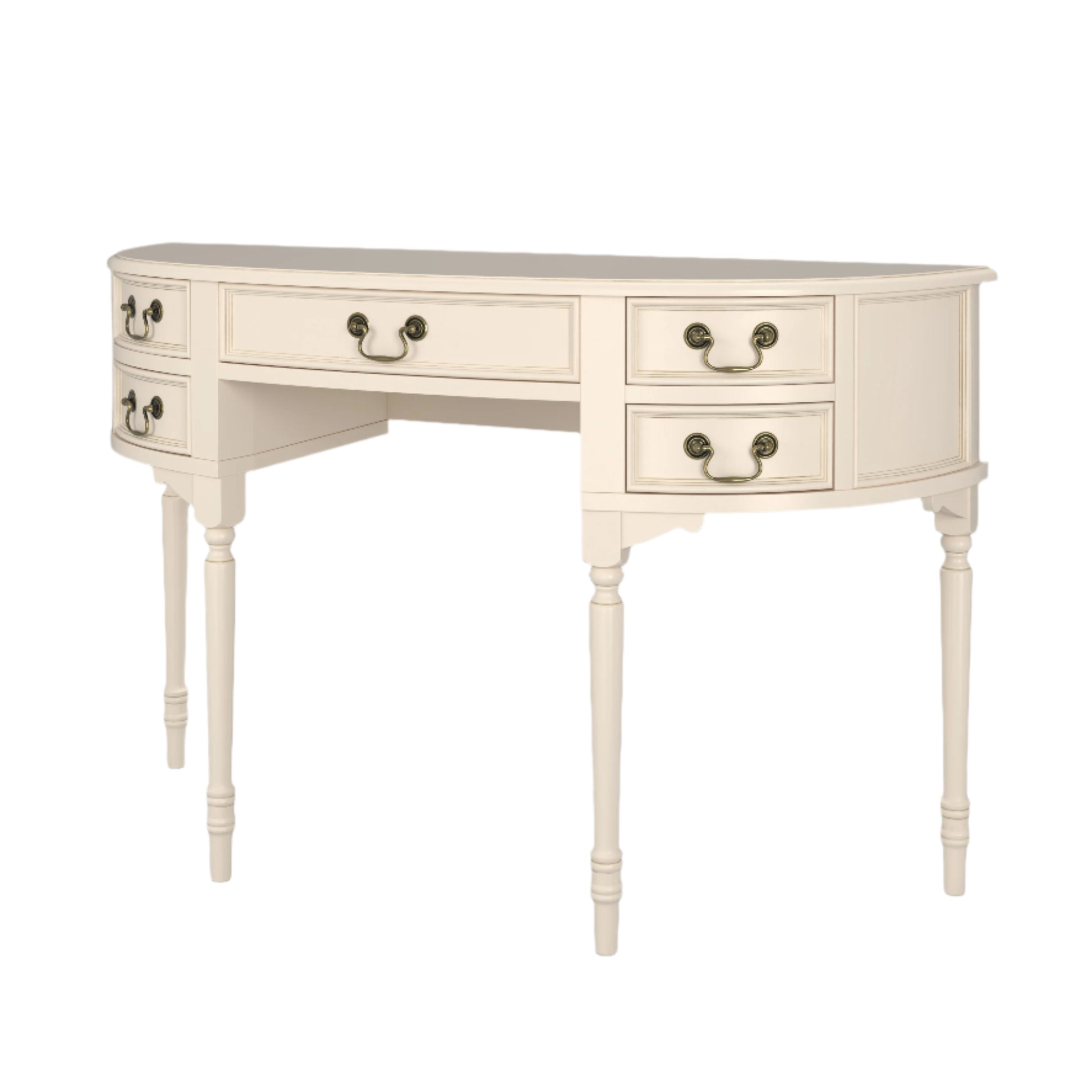 Beige desk with multiple drawers on a white background