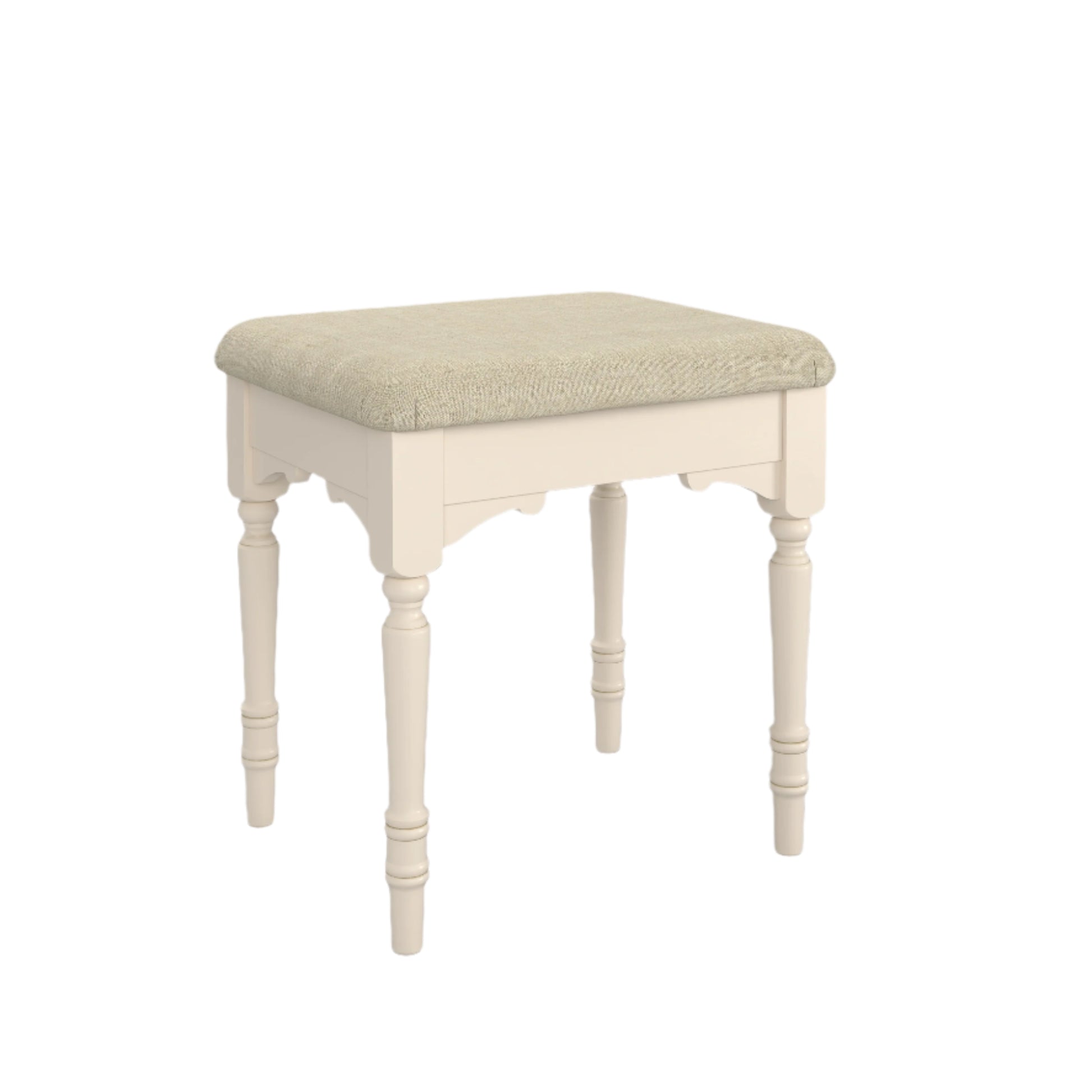 A beige padded upholstered stool