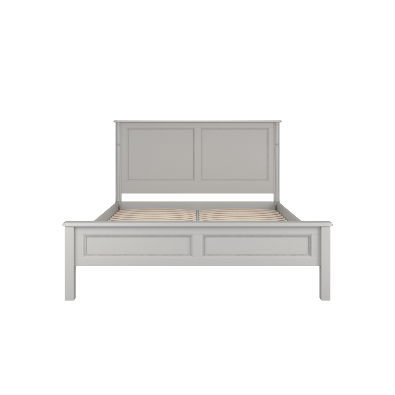 Dove grey wooden bed frame with a headboard and footboard, in a plain style with no visible bedding or additional accessories.
