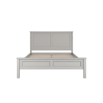 Dove grey wooden bed frame with a headboard and footboard, in a plain style with no visible bedding or additional accessories.