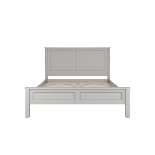 Dove grey wooden bed frame with a headboard and footboard, in a plain style with no visible bedding or additional accessories.