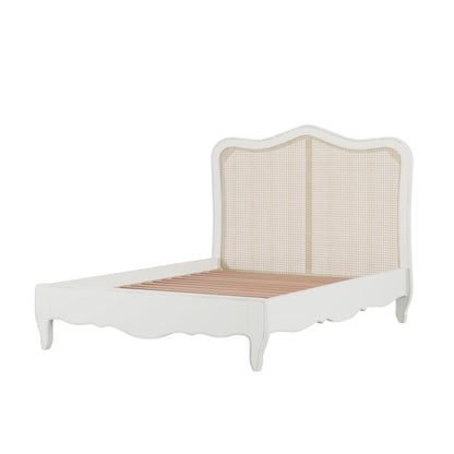 White bed frame with wooden slats on a white background
