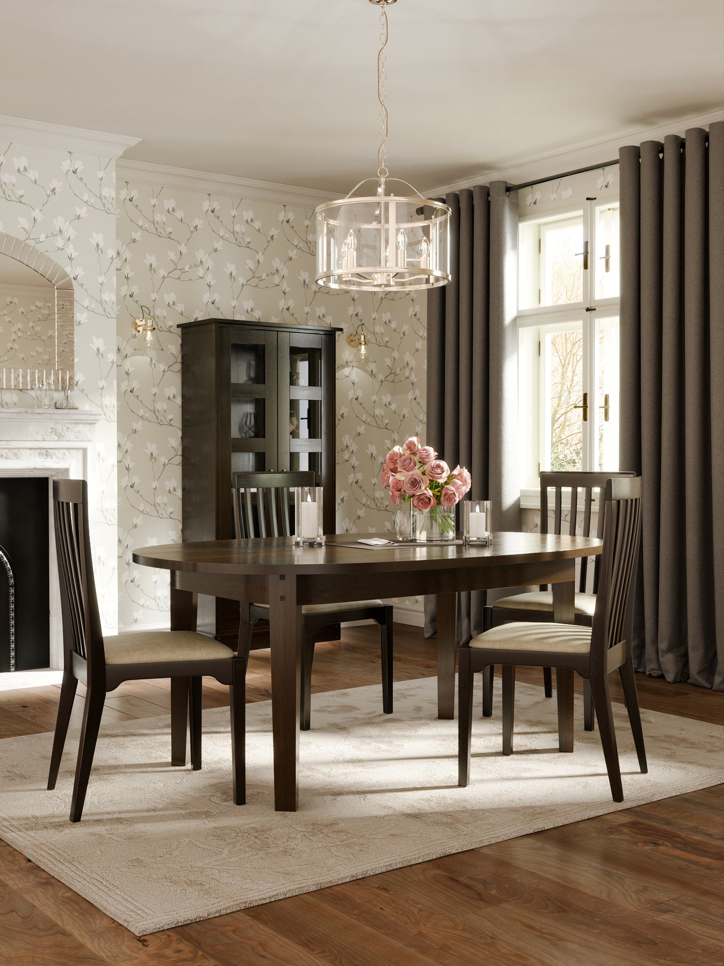 Dining room with dark brown oval dining table and 4 dining chairs