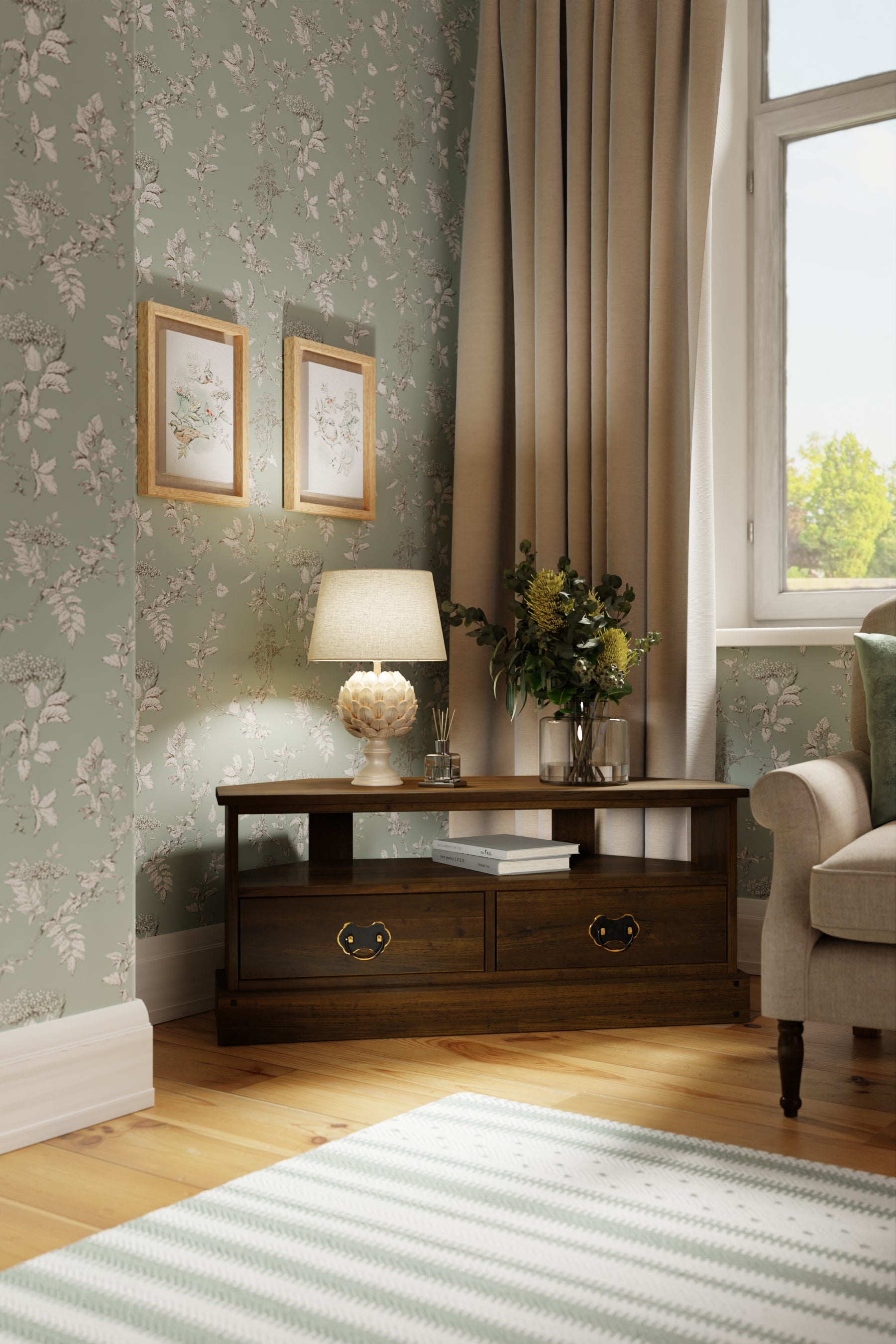 Living room with floral wallpaper, wooden furniture, and a lamp.