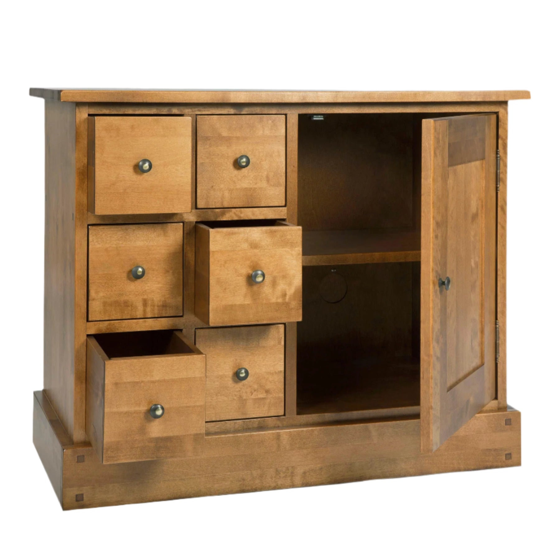 A honey-coloured wooden sideboard with one door and six drawers, with a simple traditional design. 3 drawers are open and an open door is showing a shelf inside the sideboard.