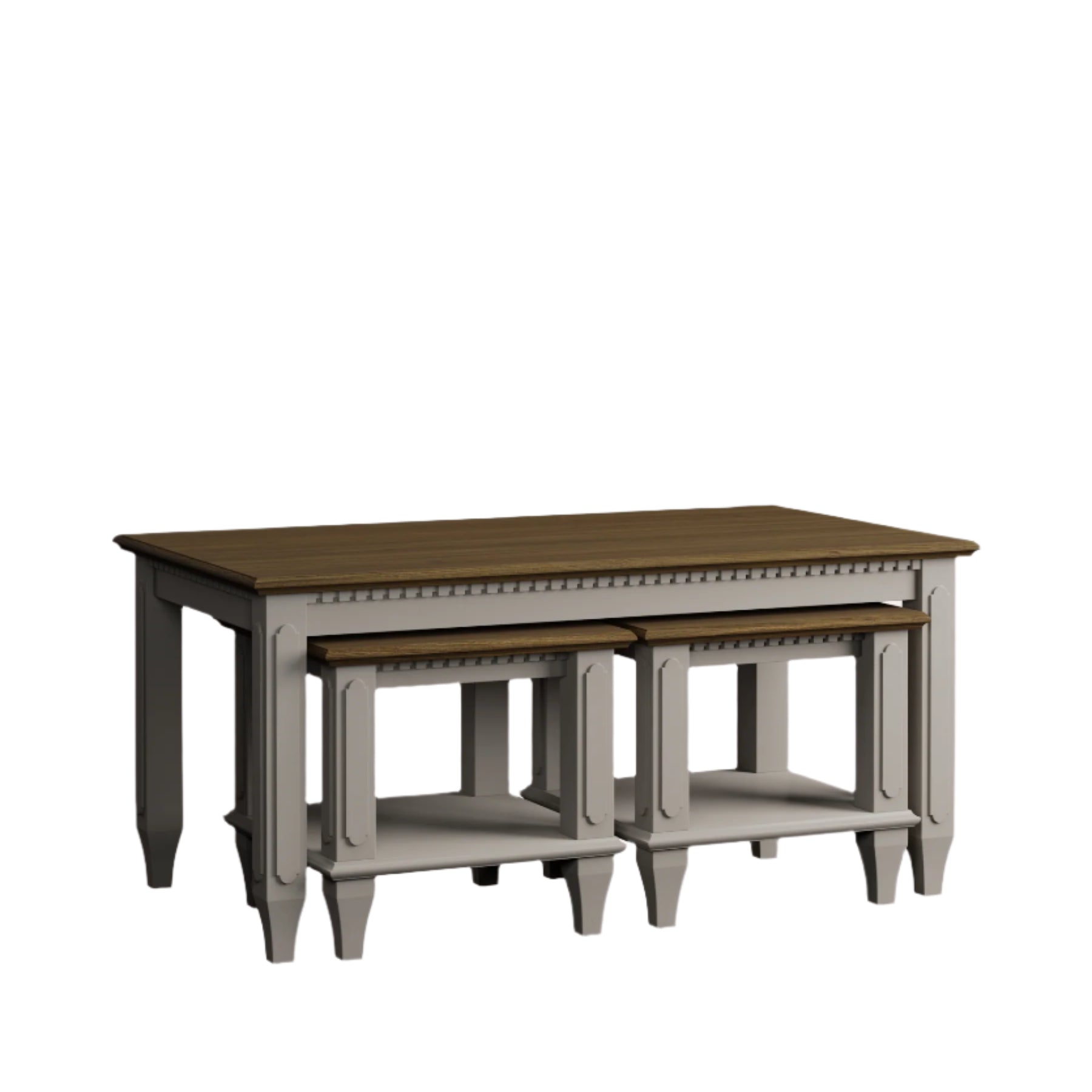 Rectangular coffee table with two nested side tables on a white background