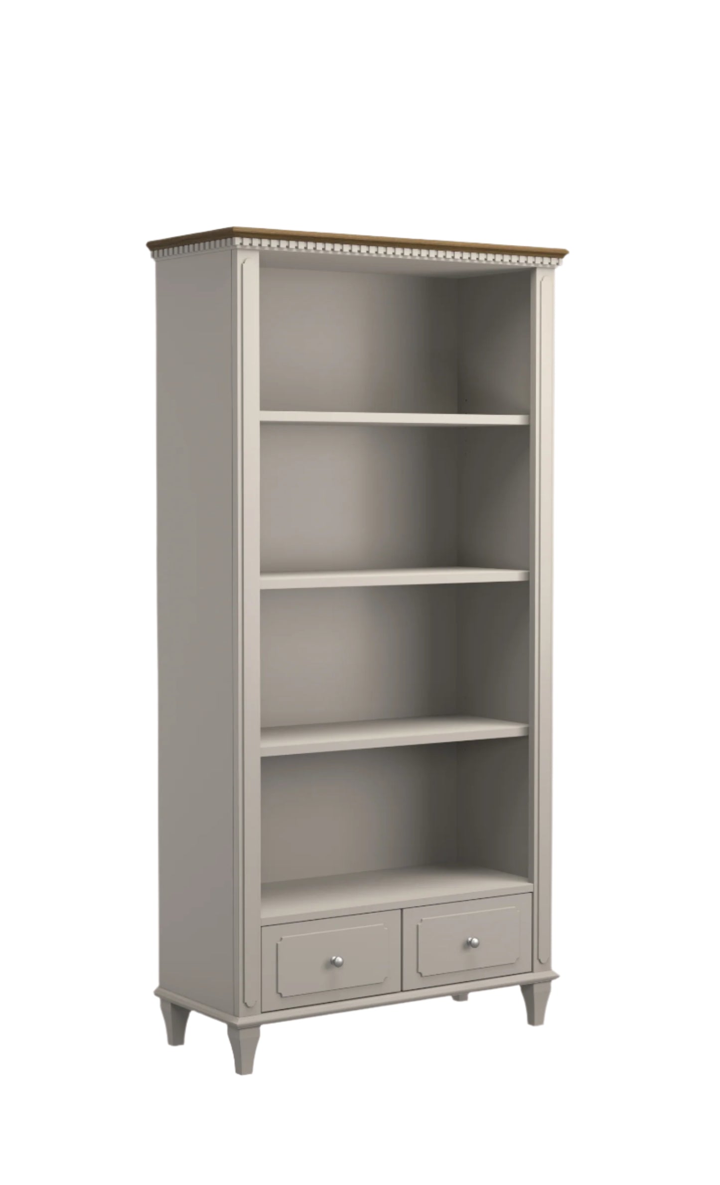 A pale French grey single bookcase with four shelves and two drawers on a white background