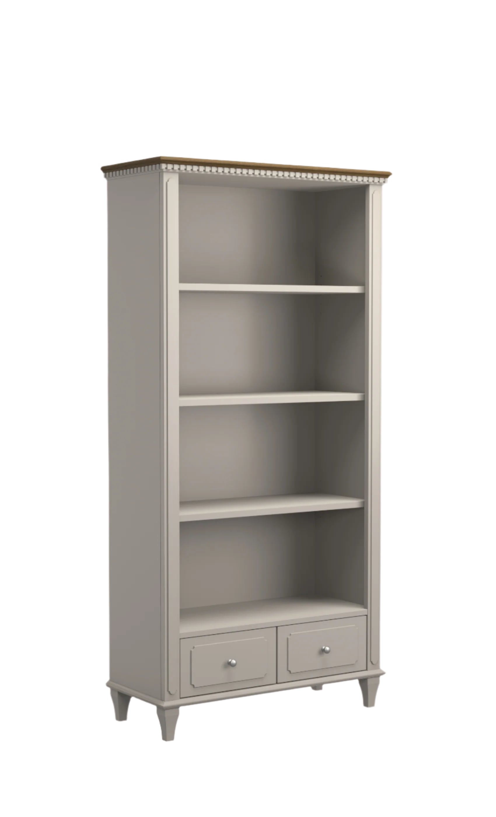 A pale French grey single bookcase with four shelves and two drawers on a white background