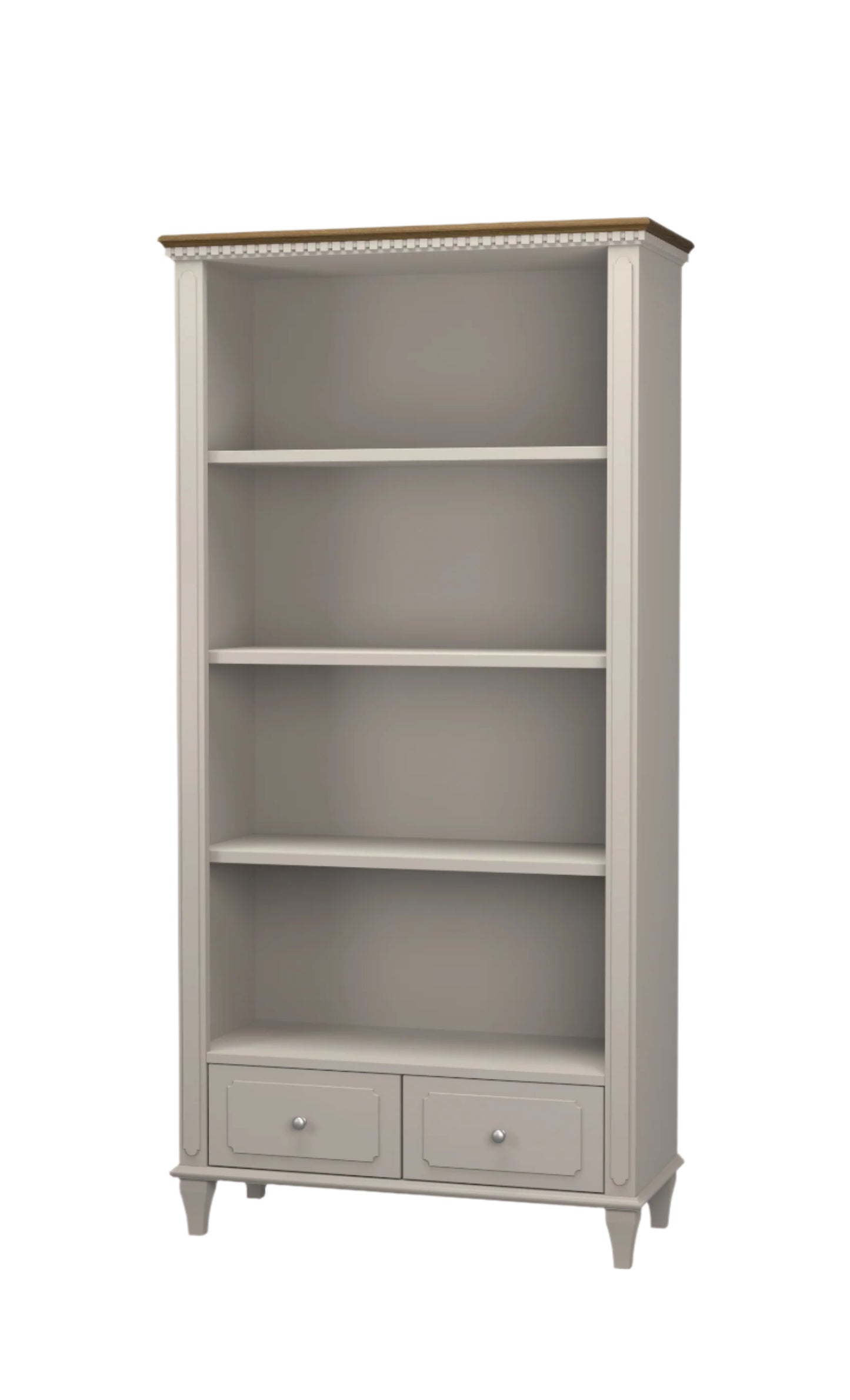 A pale French grey single bookcase with four shelves and two drawers on a white background