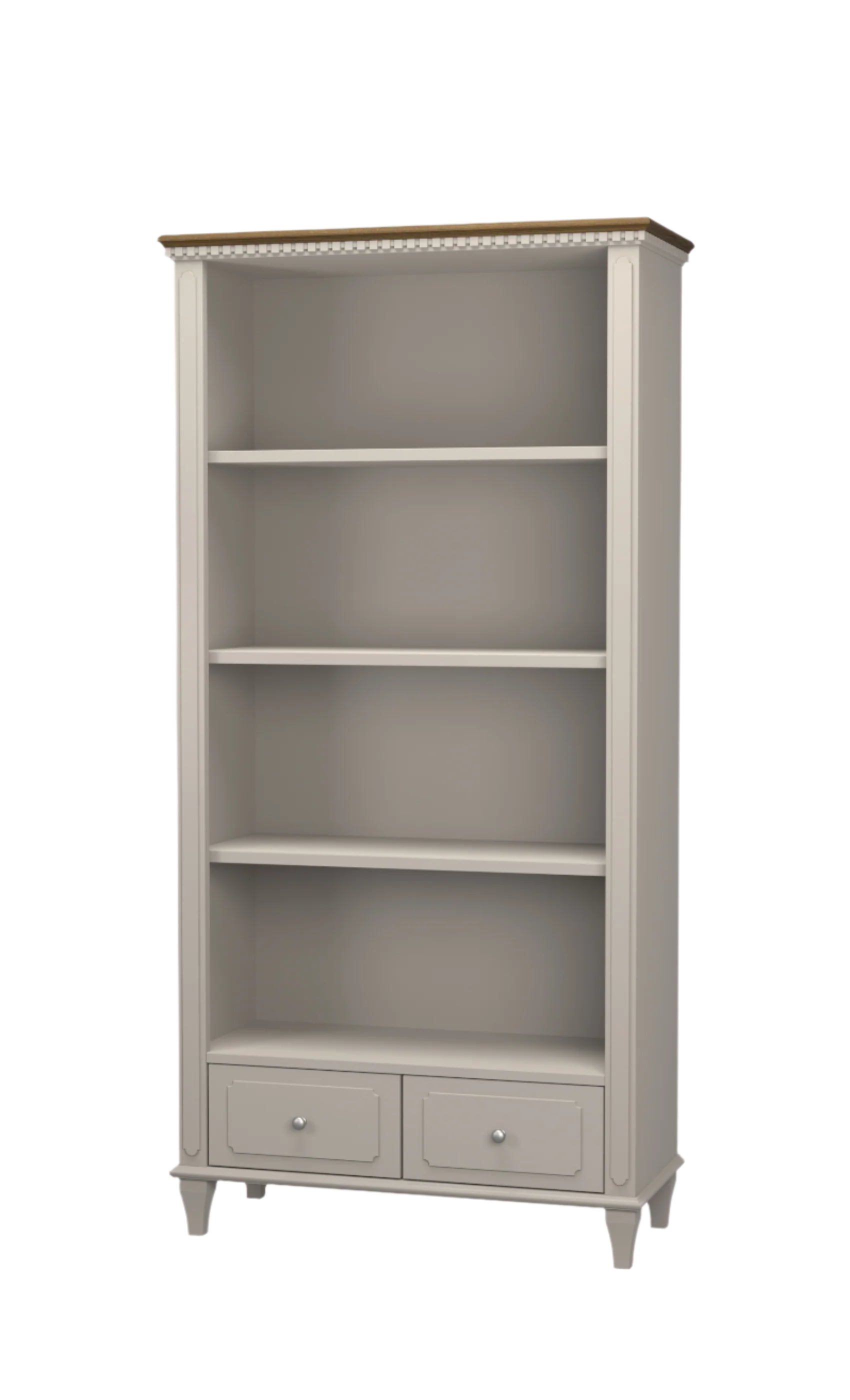 A pale French grey single bookcase with four shelves and two drawers on a white background