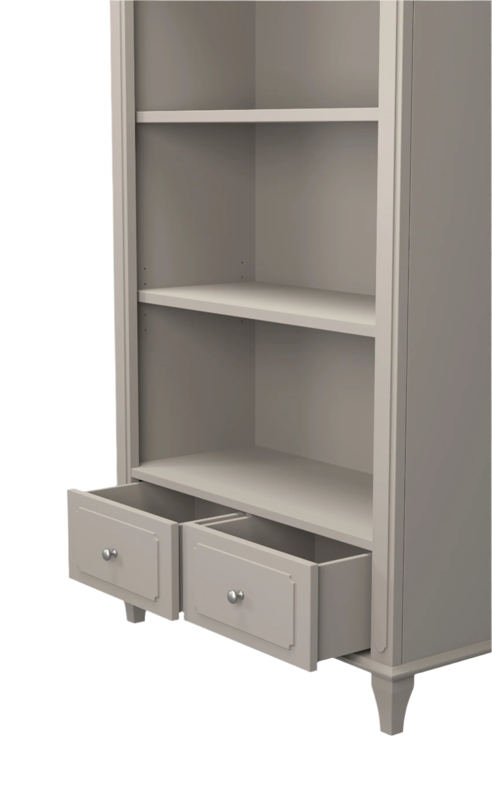 A pale French grey single bookcase showing the two drawers at the bottom as open, on a white background
