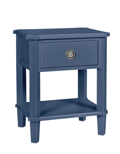 Blue nightstand with a single drawer on a white background