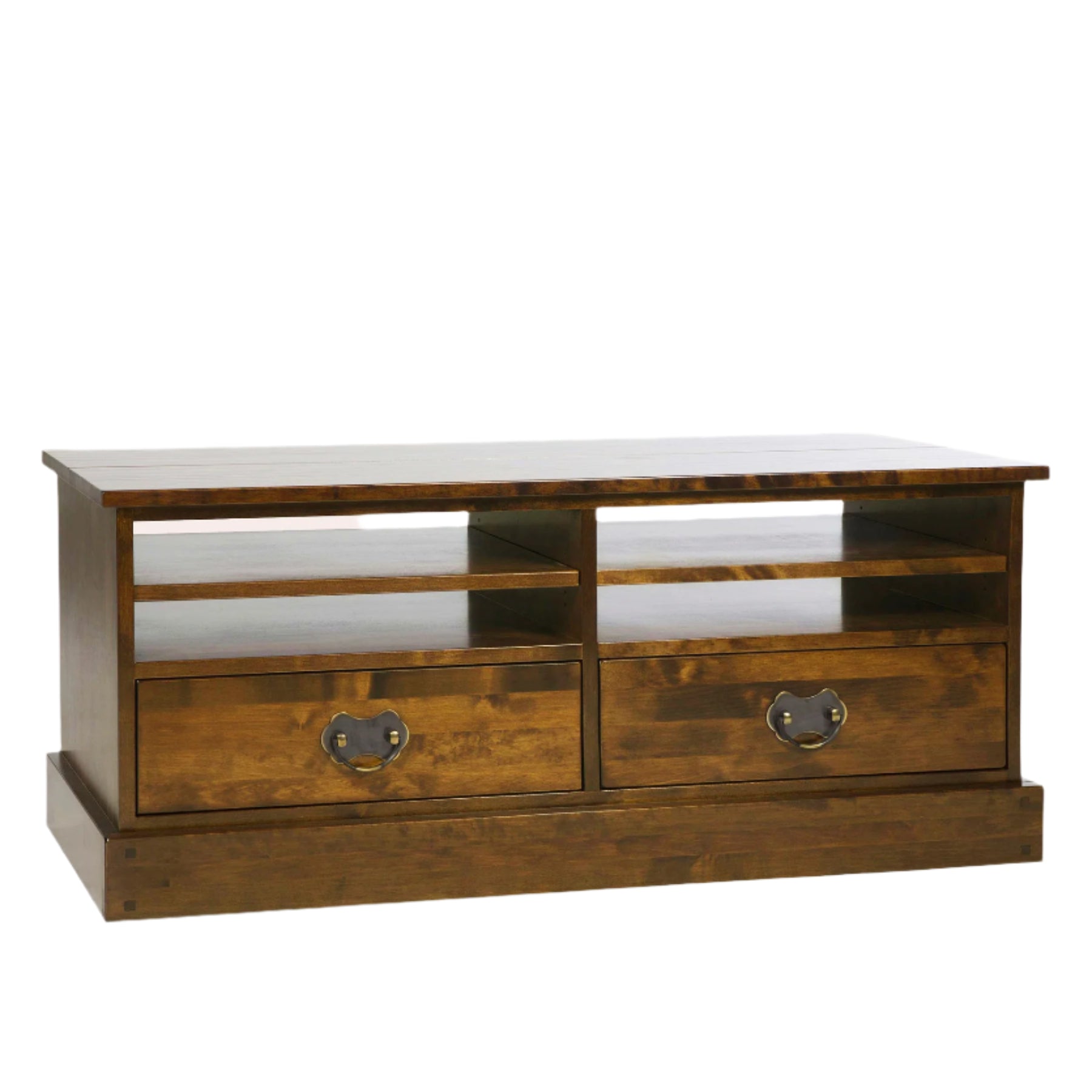 Wooden TV stand with two drawers on a white background