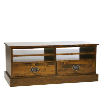 Wooden TV stand with two drawers on a white background