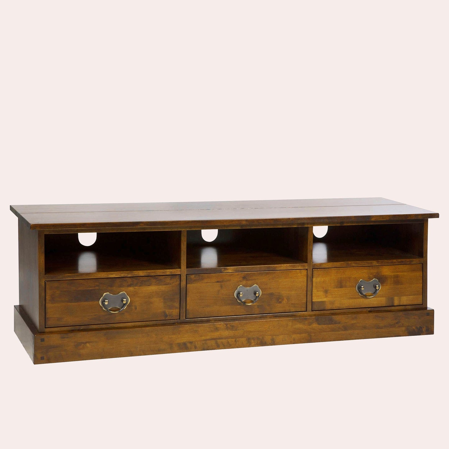 Wooden TV stand with drawers on a white background