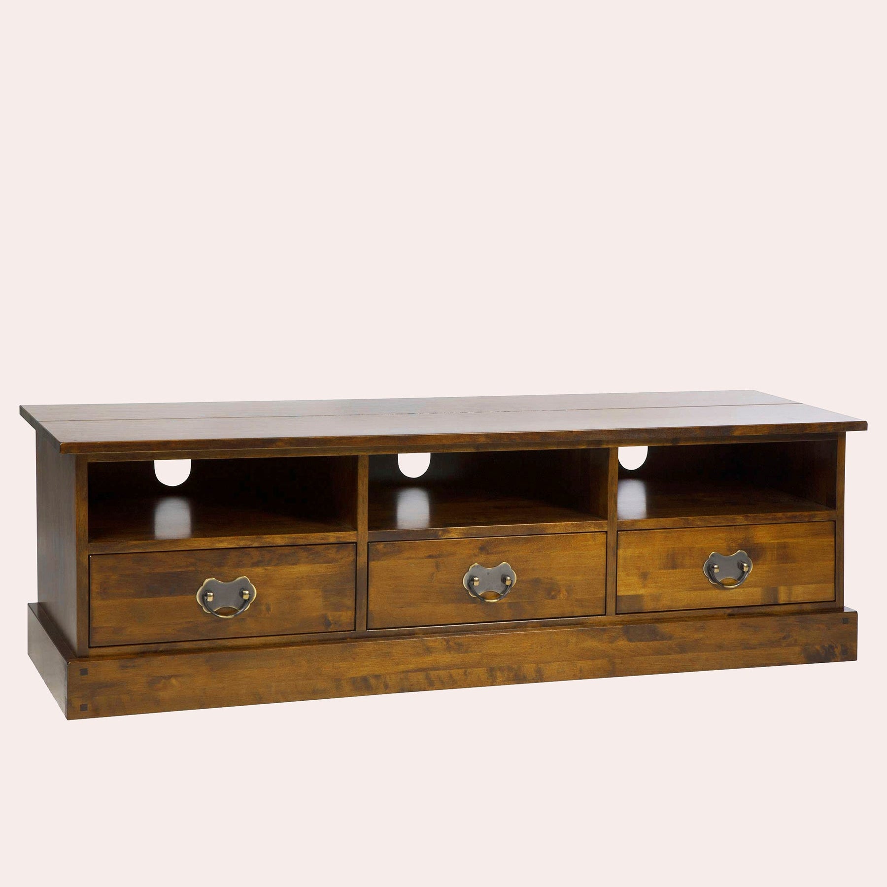 Wooden TV stand with drawers on a white background