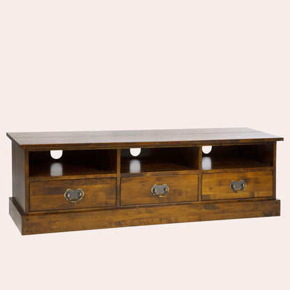 Wooden TV stand with drawers on a white background