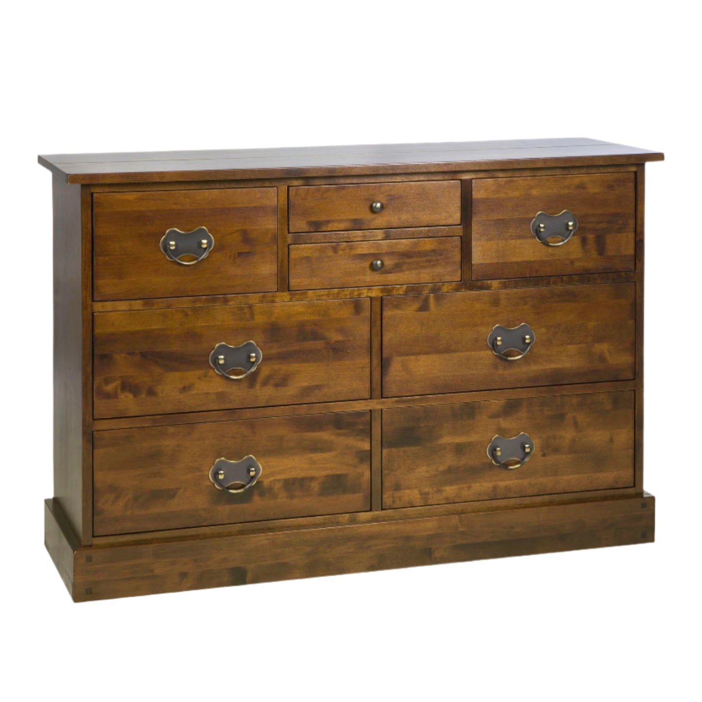 Wooden dresser with multiple drawers on a white background