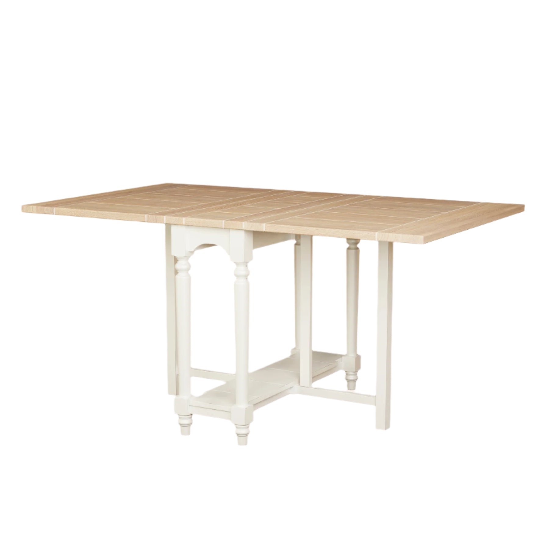 Wooden dropleaf table with white legs on a plain background