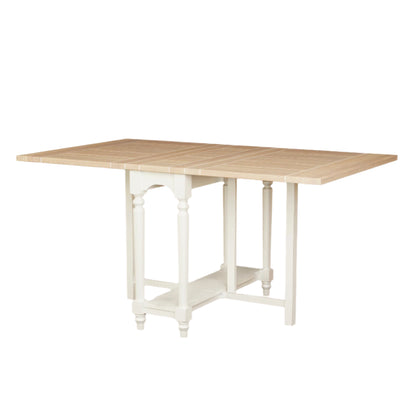 Wooden dropleaf table with white legs on a plain background