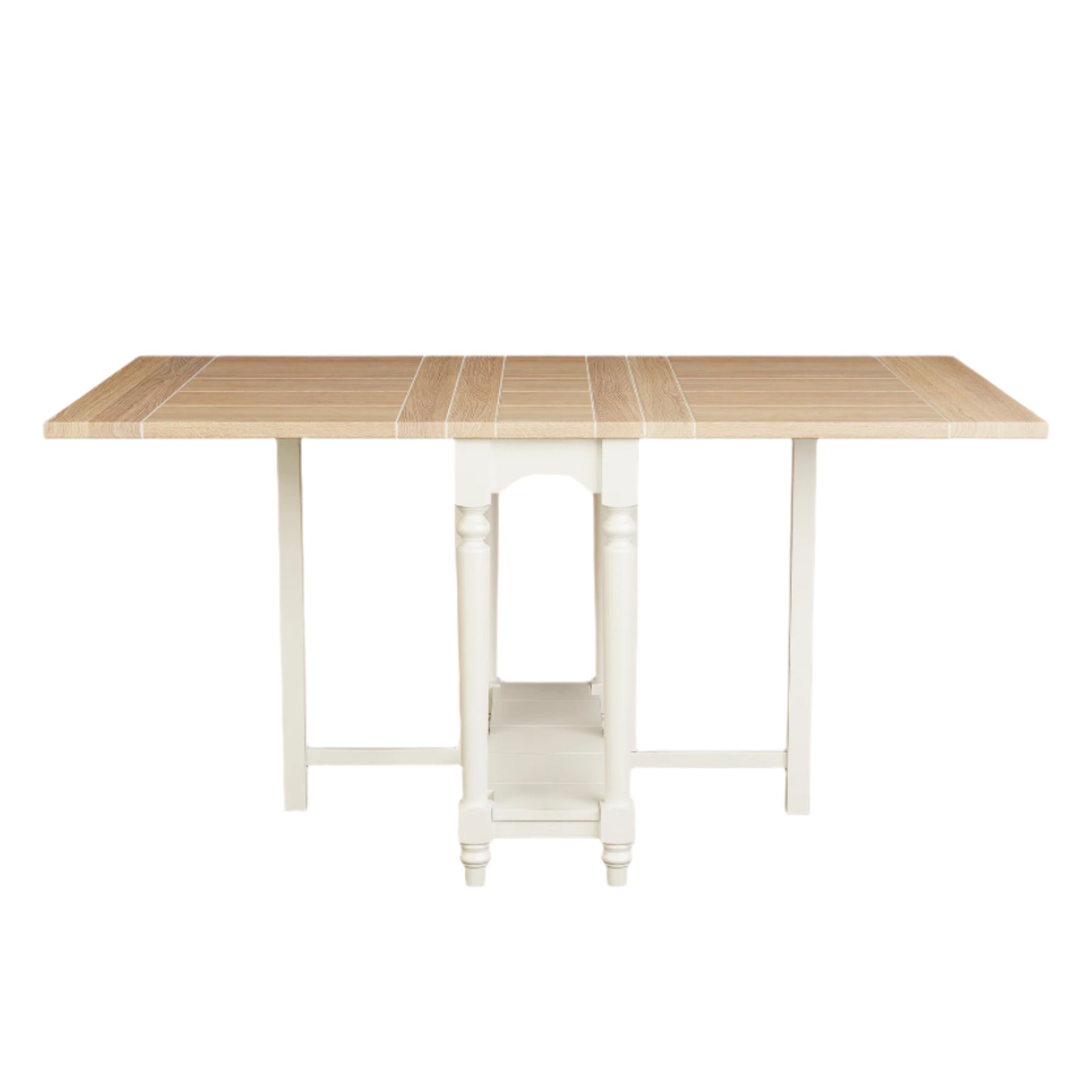 Wooden drop leaf table that has been extended fully with white legs on a plain background fully 