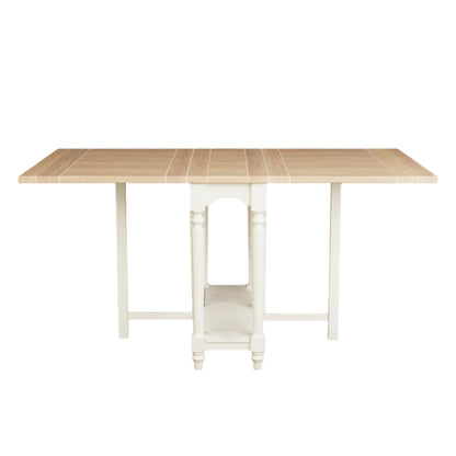 Wooden drop leaf table that has been extended fully with white legs on a plain background fully 