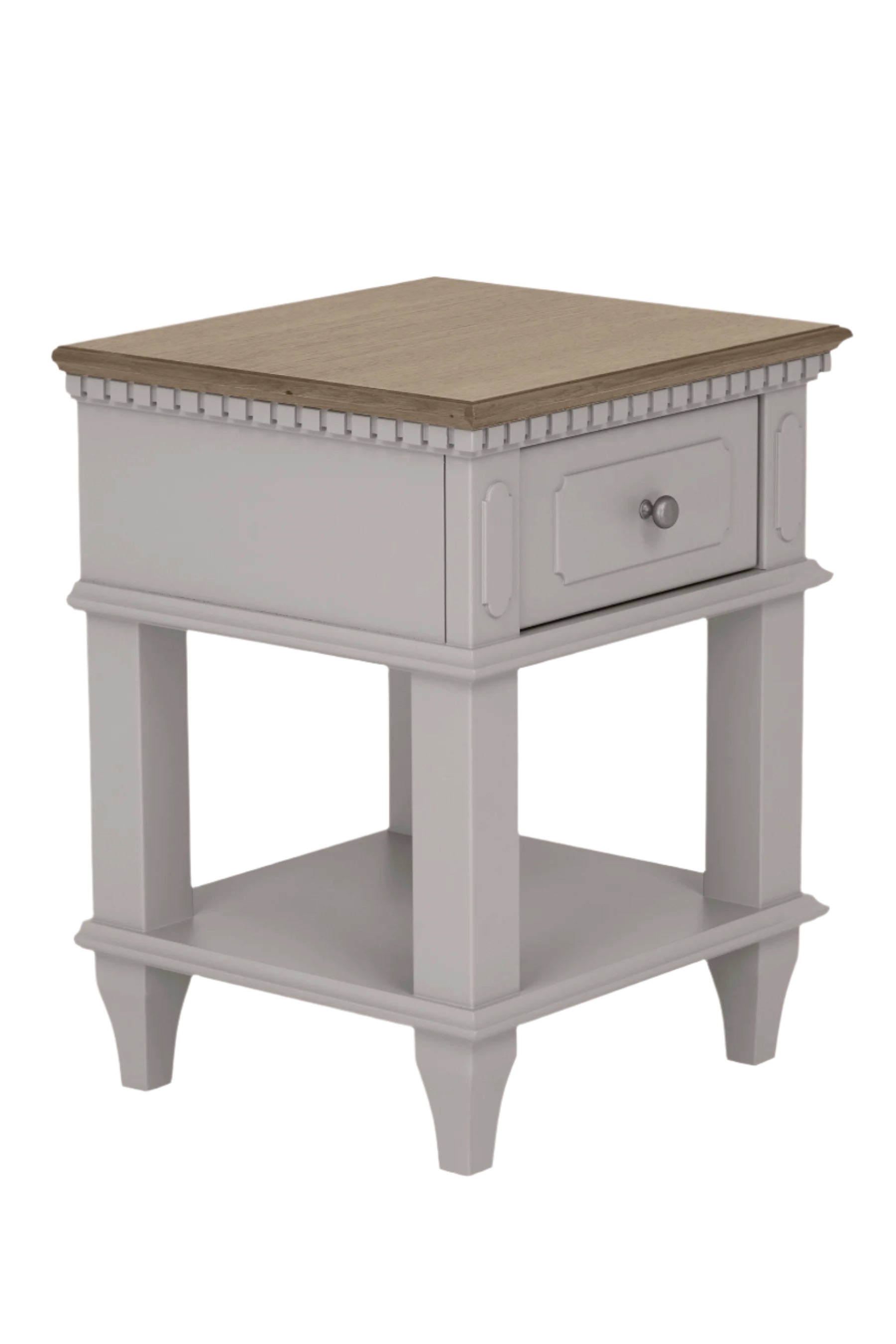Small side table with a drawer on a plain background