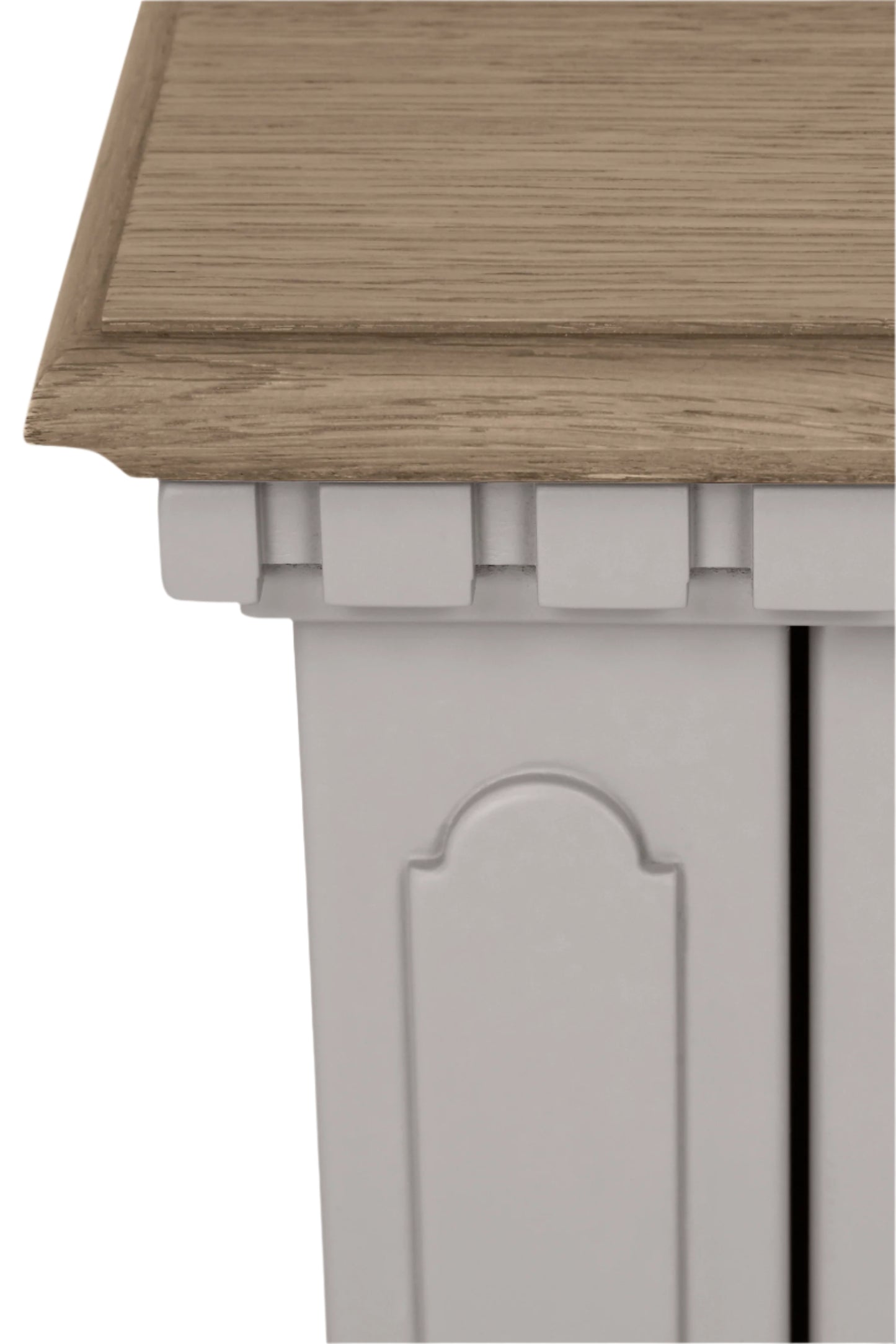 Close-up of a wooden and grey side table junction.