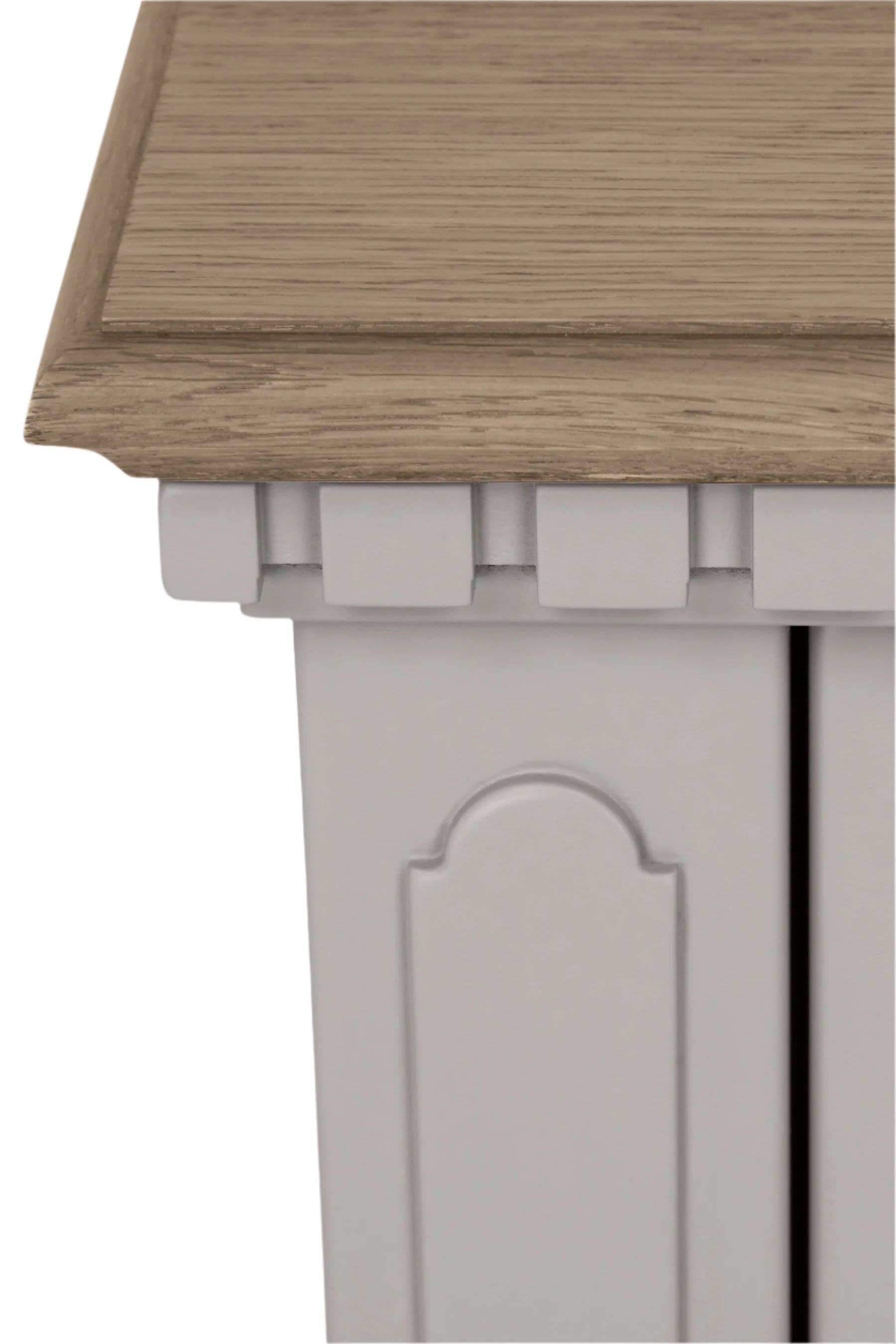 Close-up of a wooden and grey side table junction.