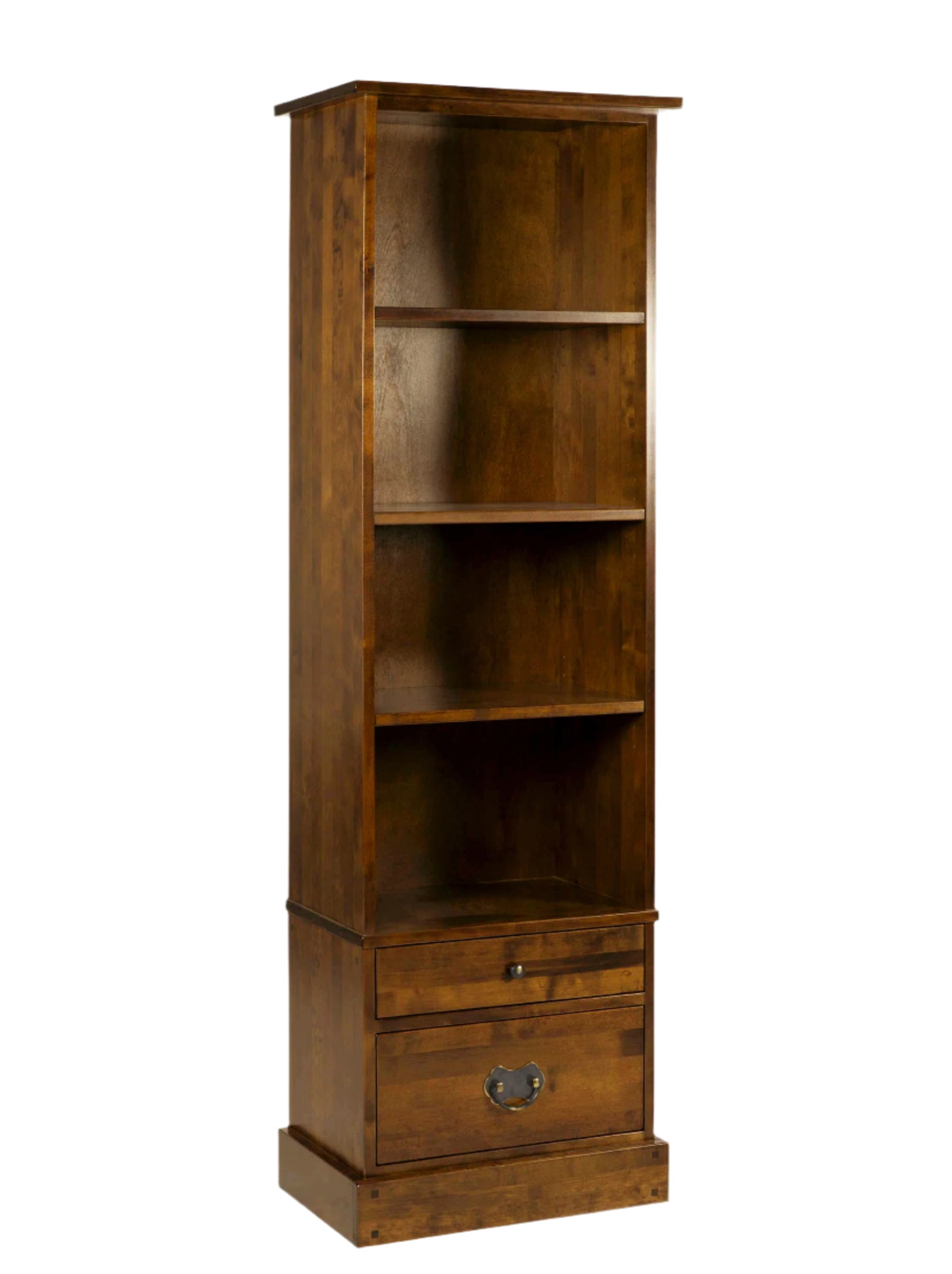 A tall, narrow, dark chestnut brown bookcase with two drawers and three shelves, with a simple, traditional design.