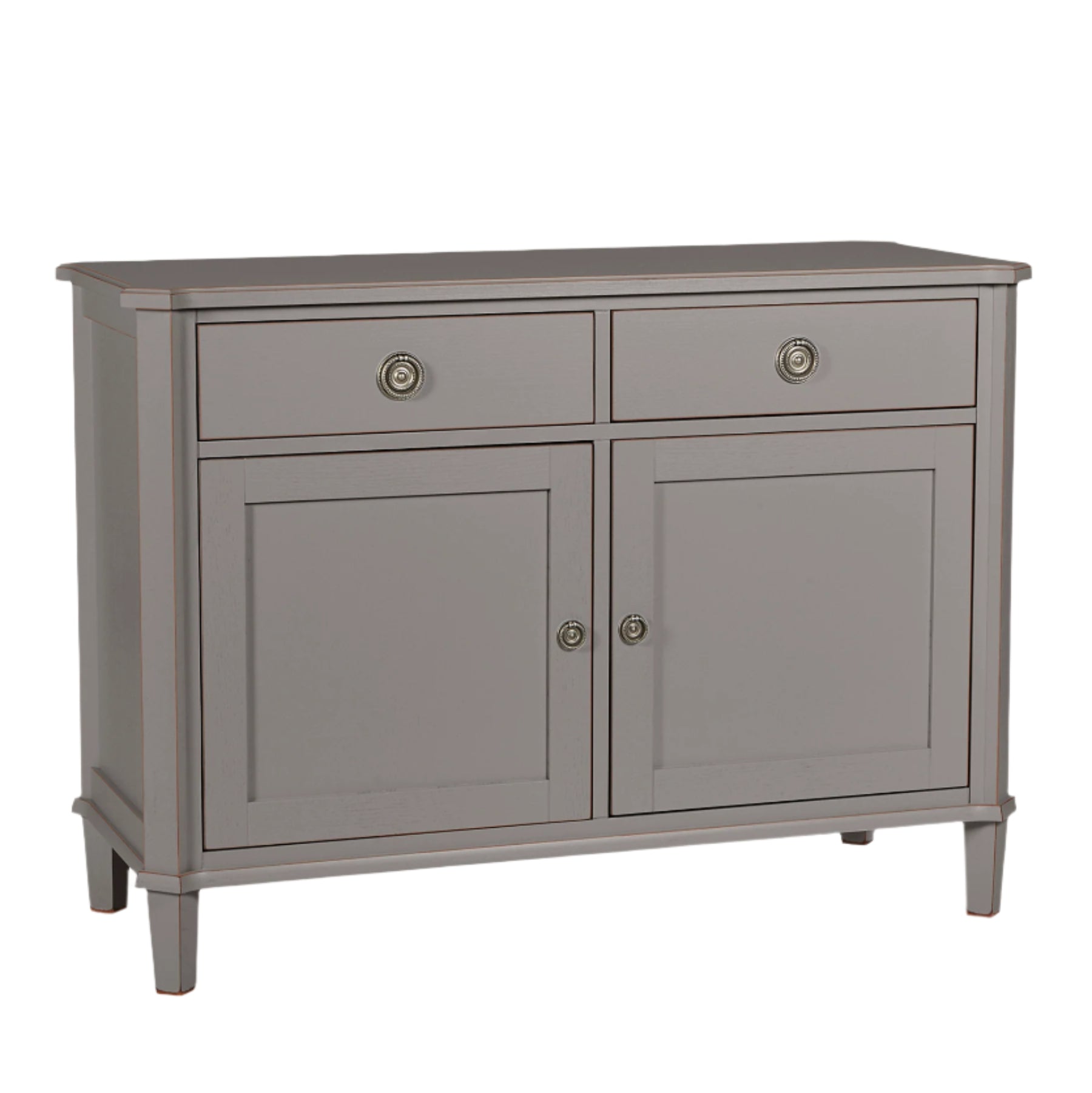 Gray sideboard with two doors and two drawers on a white background