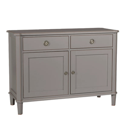 Gray sideboard with two doors and two drawers on a white background