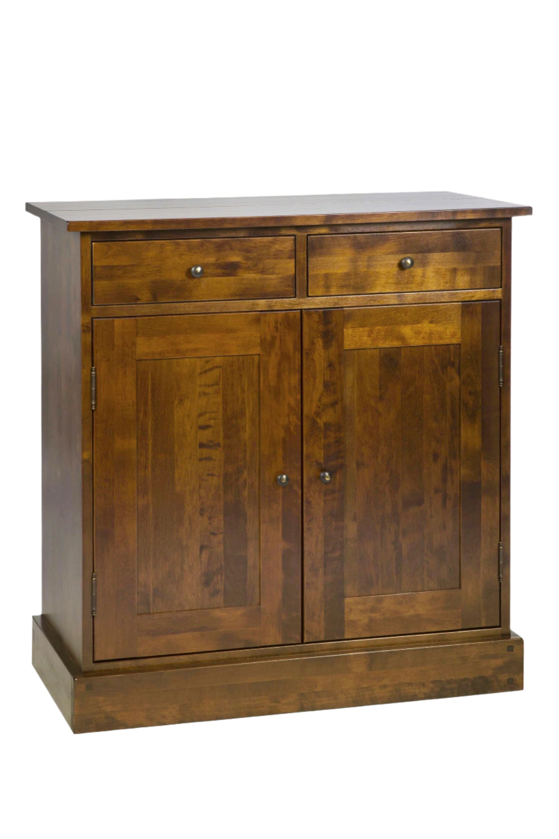 Wooden cabinet with two doors and two drawers on a white background