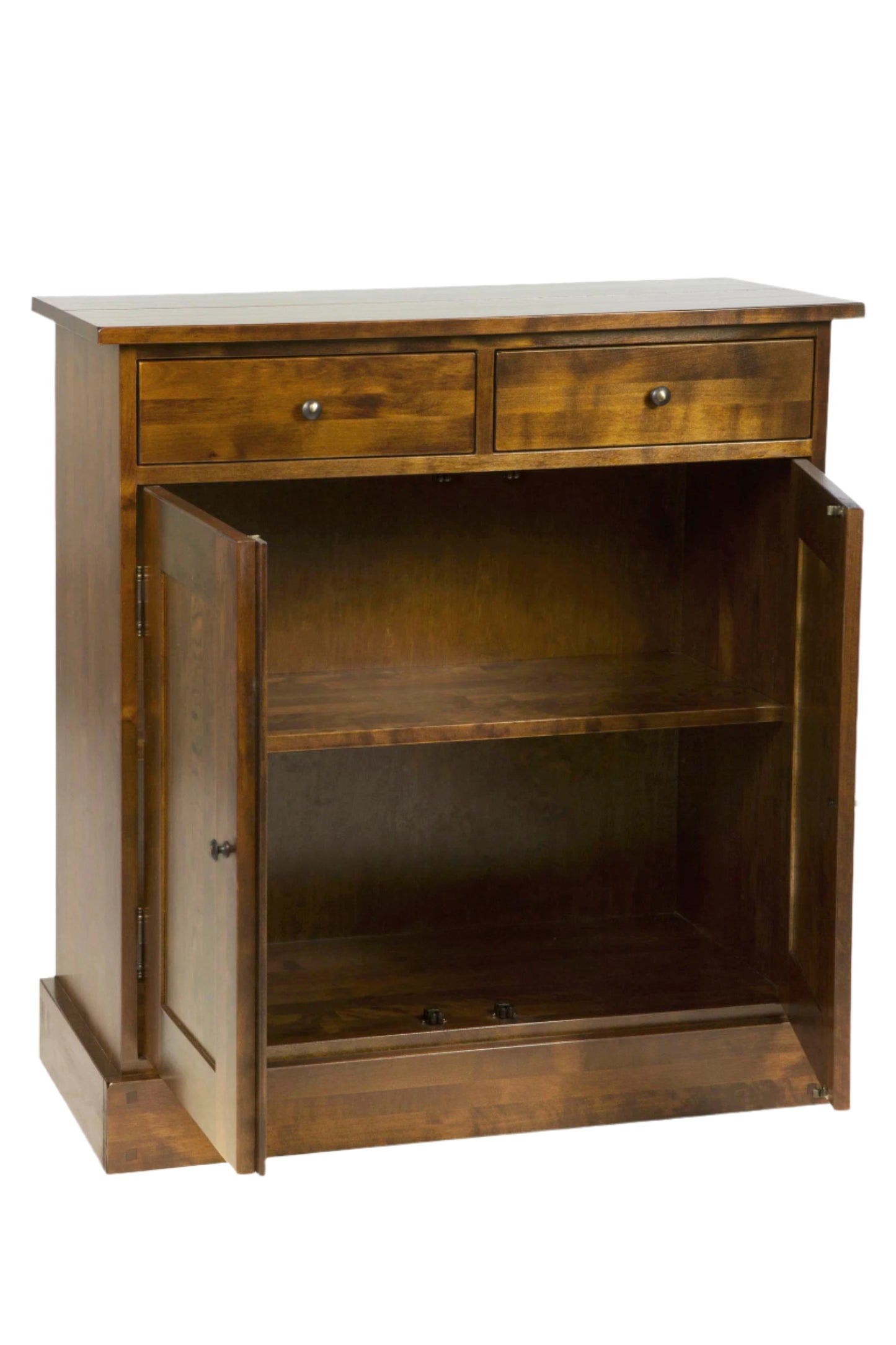 Wooden cabinet with two drawers and an open shelf on a white background