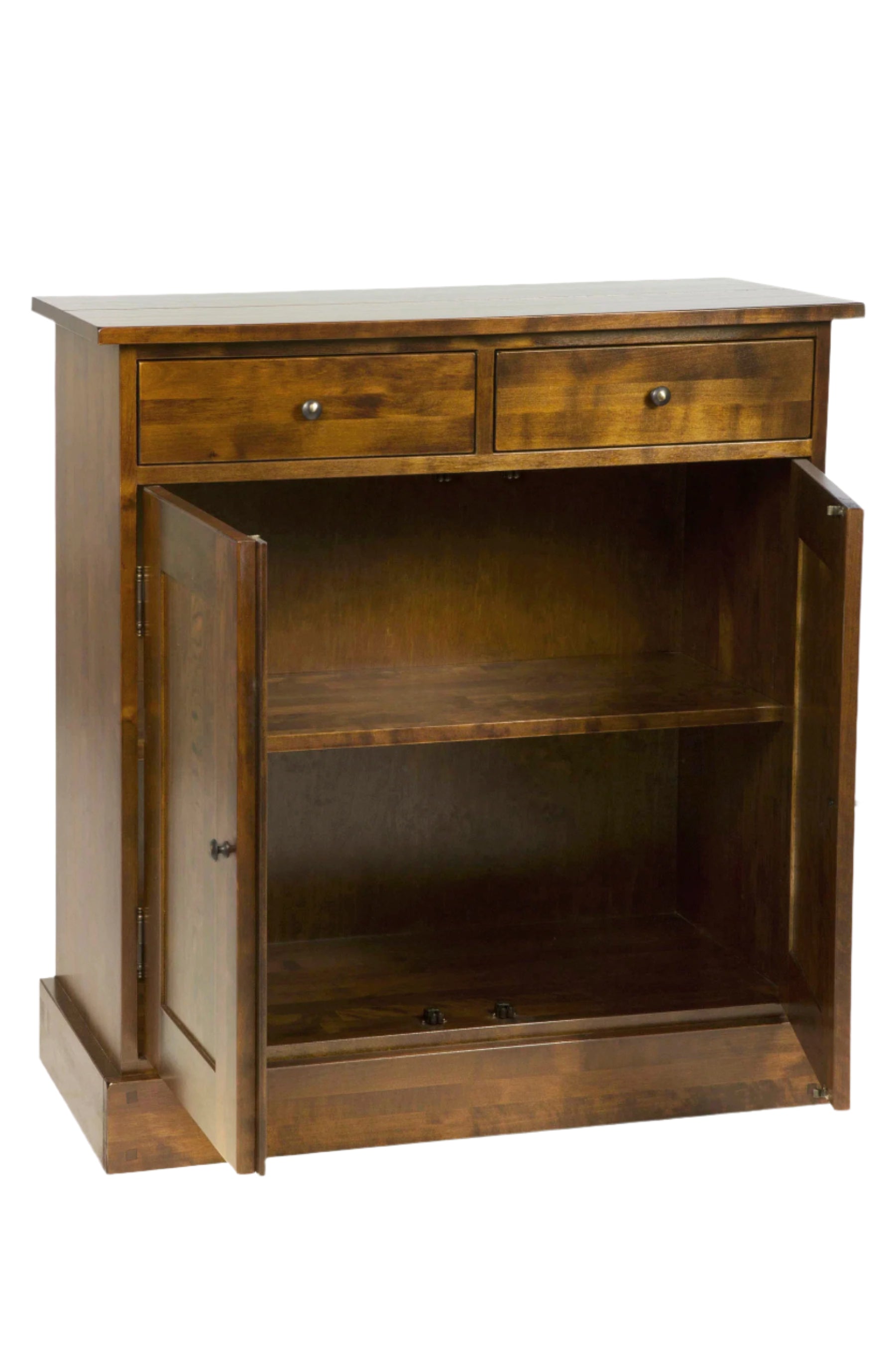 Wooden cabinet with two drawers and an open shelf on a white background