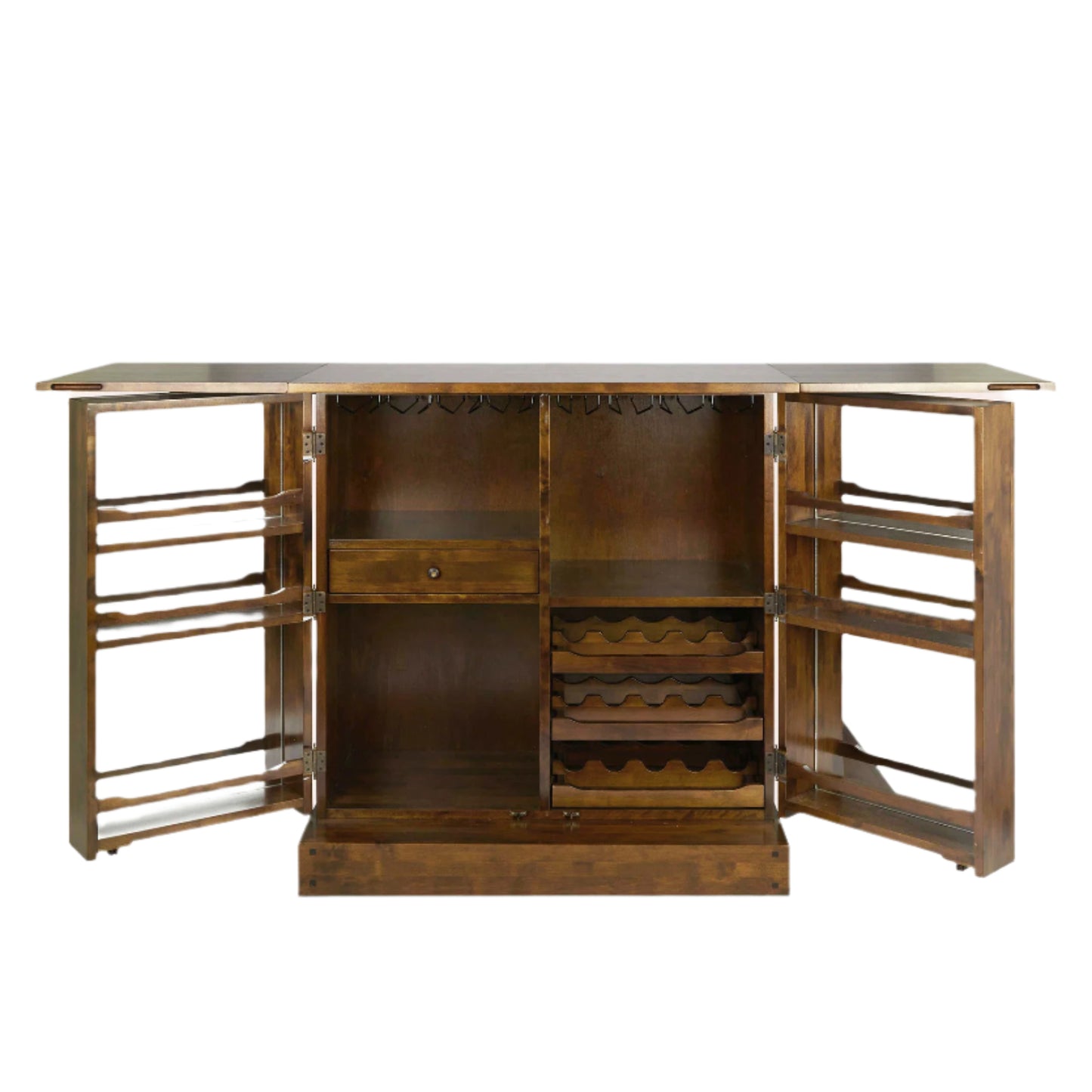 Wooden bar cabinet with open doors and drawers on a white background