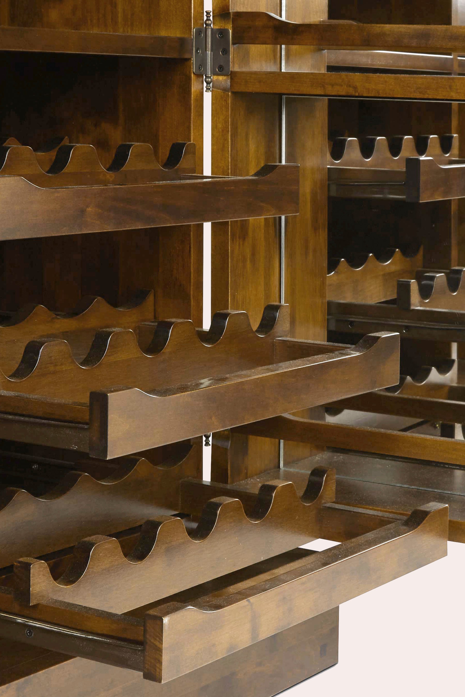 Close-up of a wooden wine rack with a brown finish.