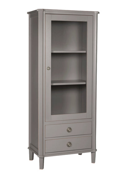 Gray cabinet with a door and two drawers on a white background