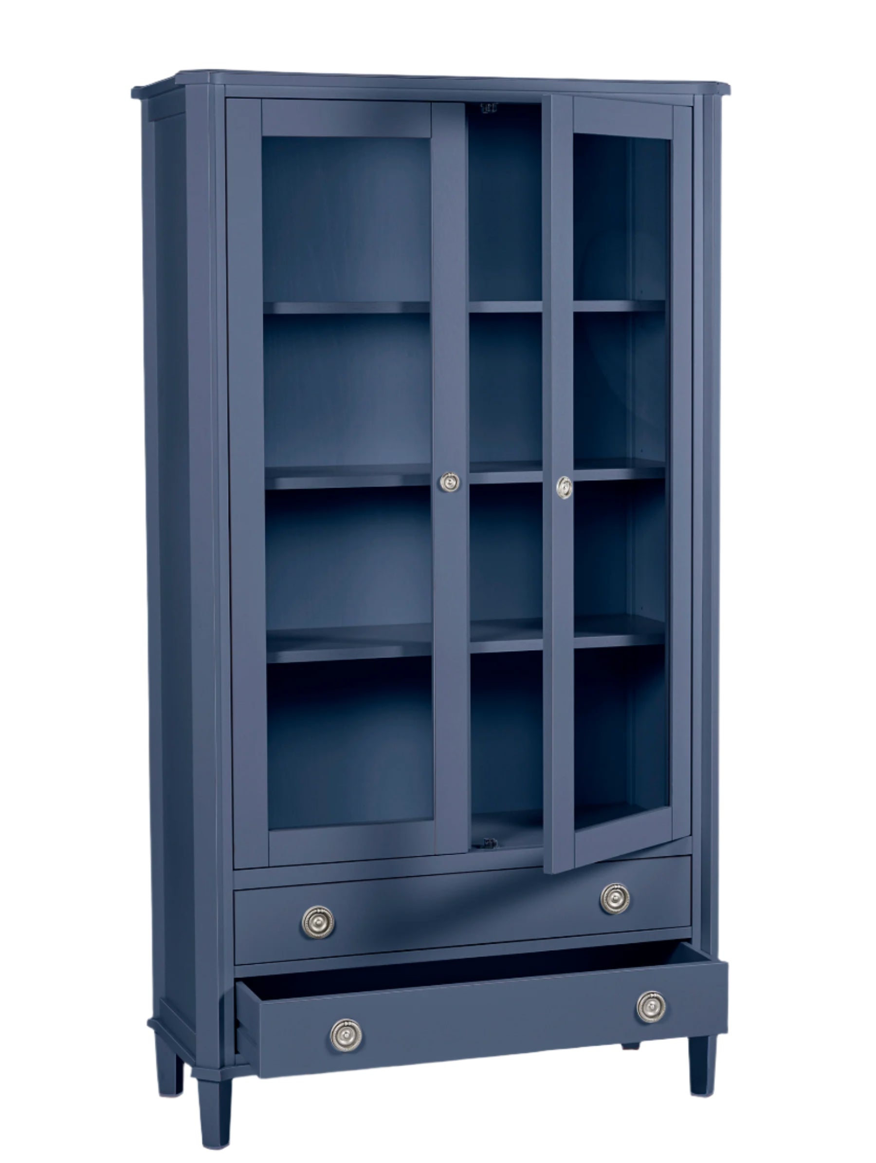 Blue cabinet with glass doors and drawers on a white background