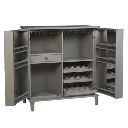 Grey drinks cabinet with open doors on a white background