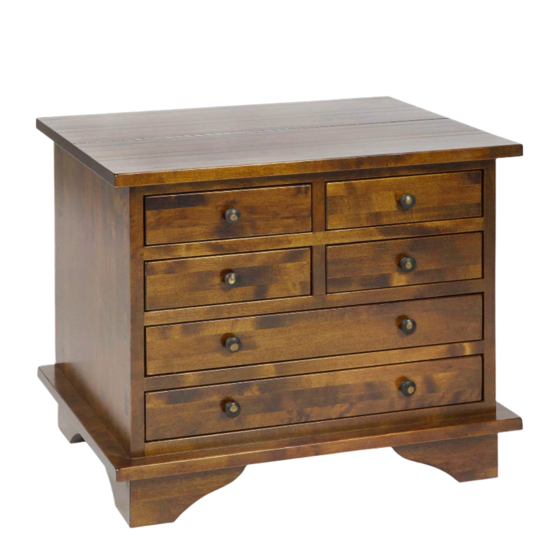 Wooden chest of drawers with a warm brown finish on a white background.