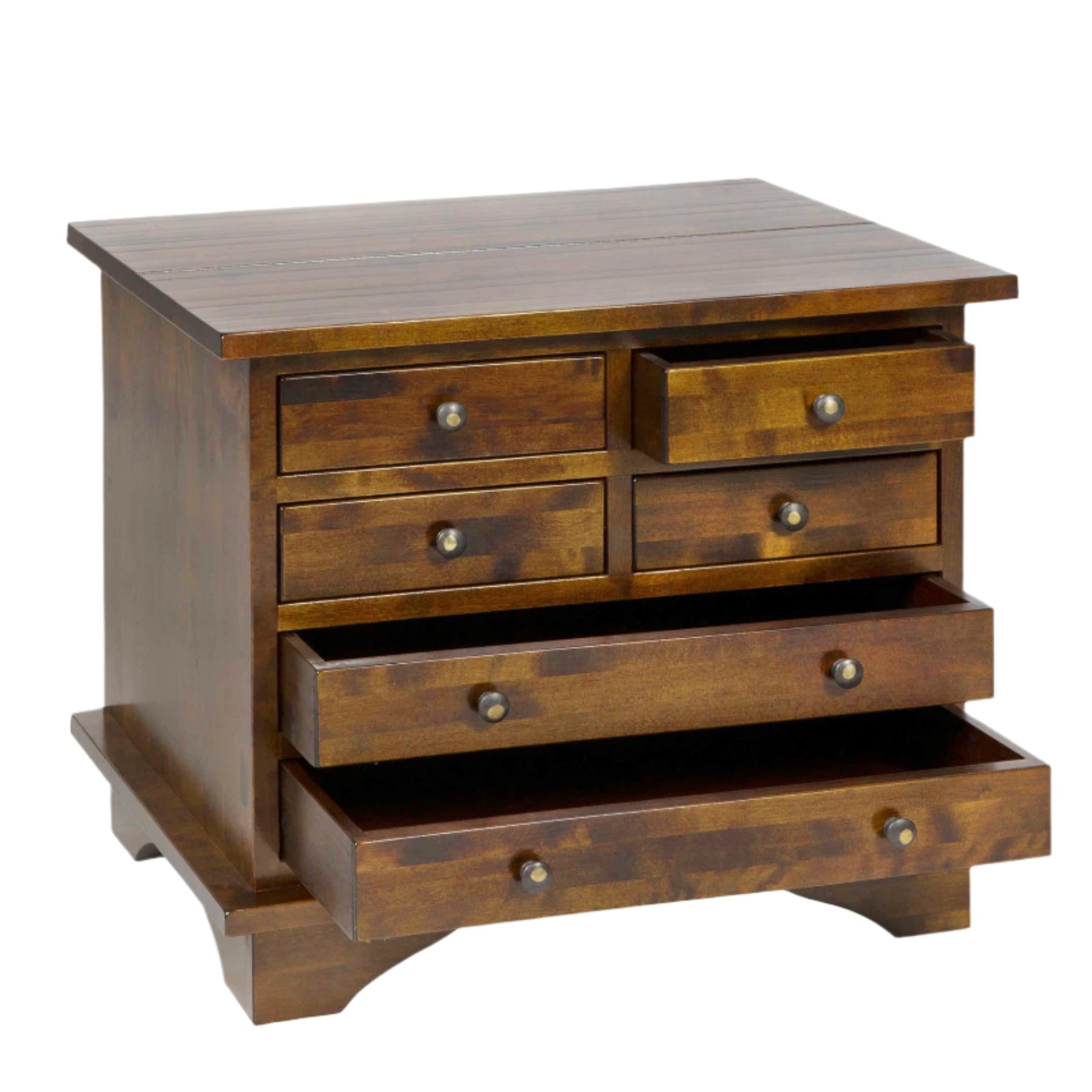 Wooden nightstand with multiple drawers on a white background