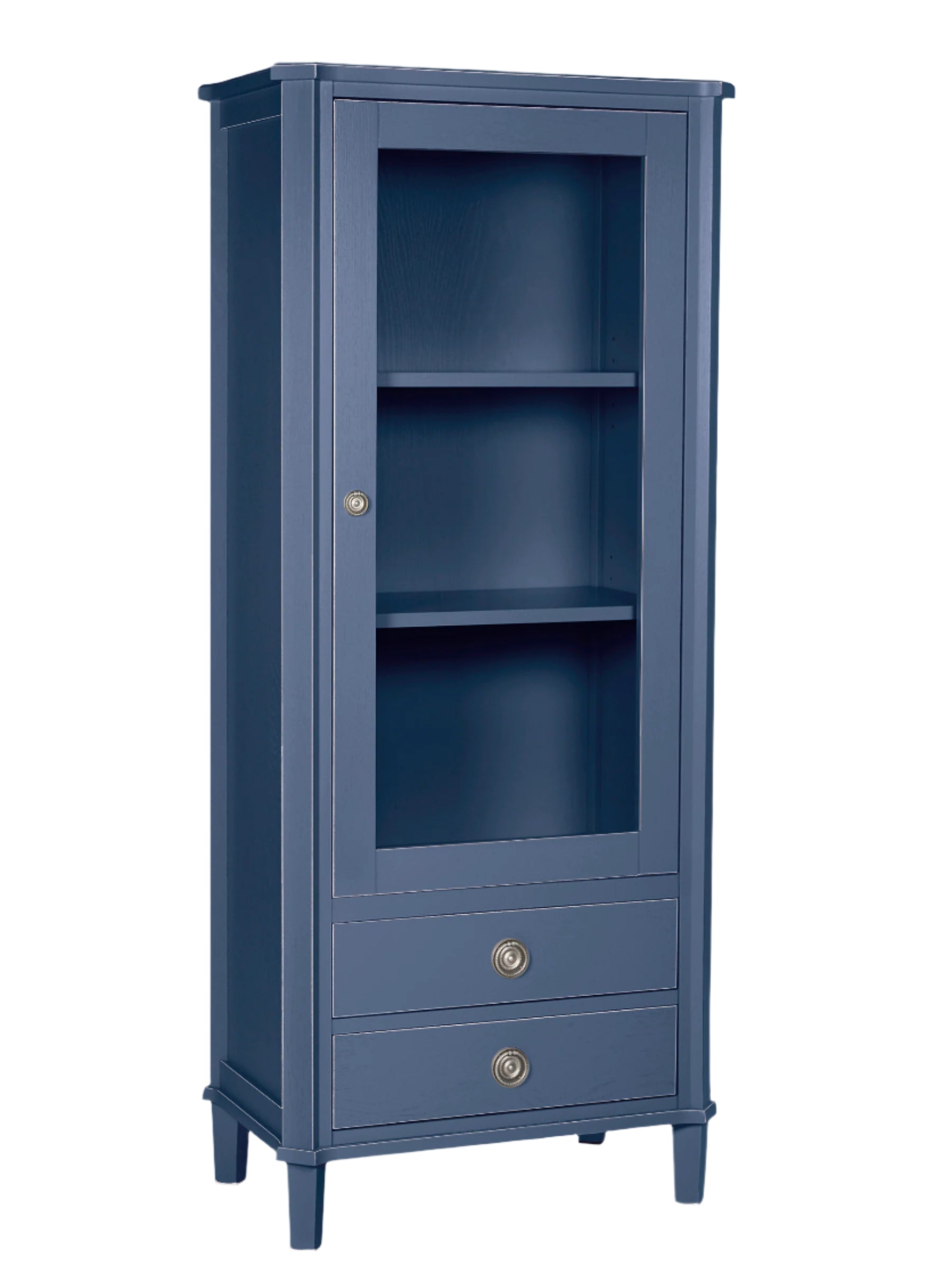 Blue cabinet with a single drawer on a white background