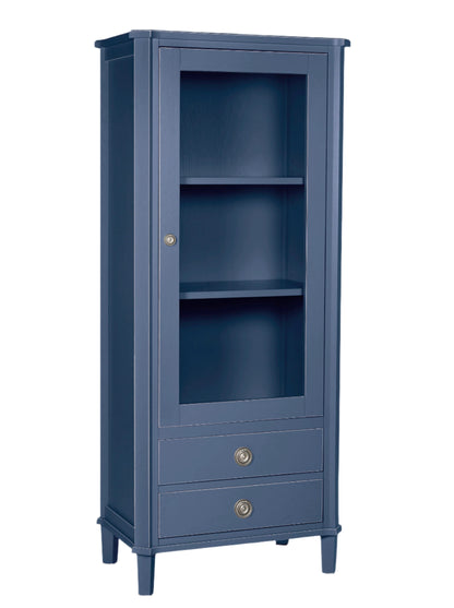 Blue cabinet with a single drawer on a white background