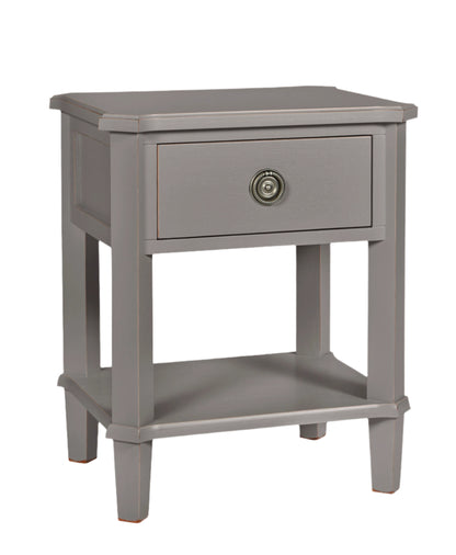 Gray end table with a single drawer on a white background