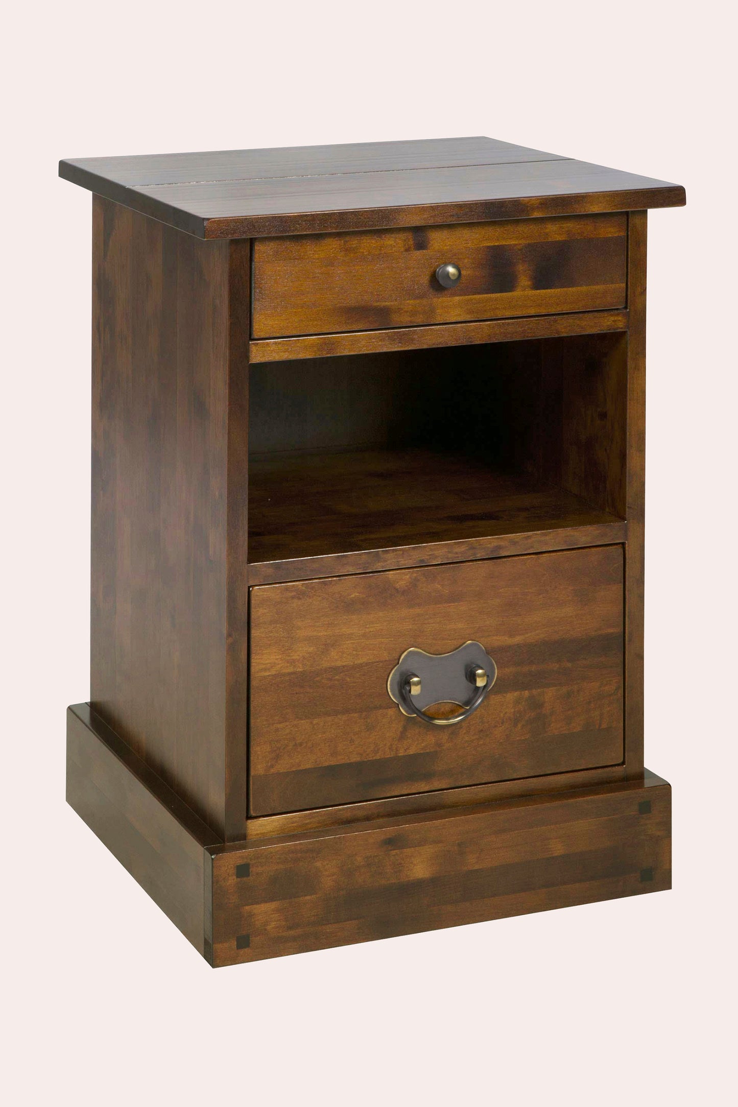 Wooden nightstand with two drawers on a plain background