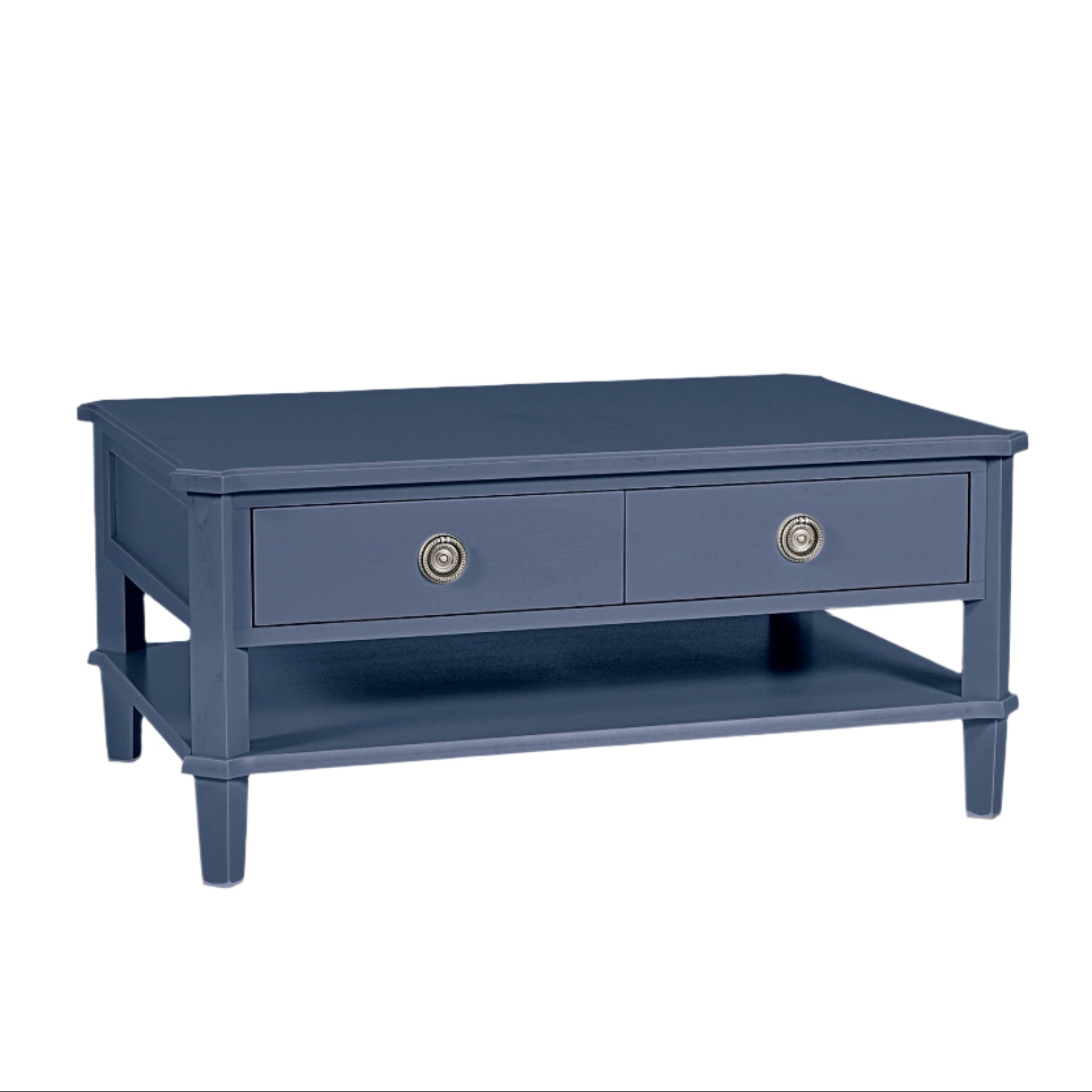 Blue coffee table with a drawer on a white background