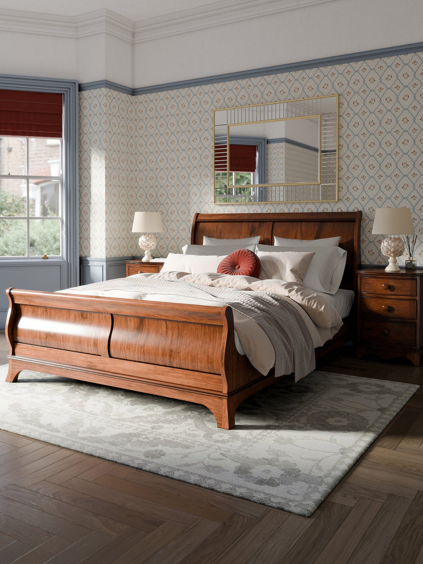 A right-hand corner angle of a dark brown wooden bed frame with a headboard and footboard, displayed against a plain background.