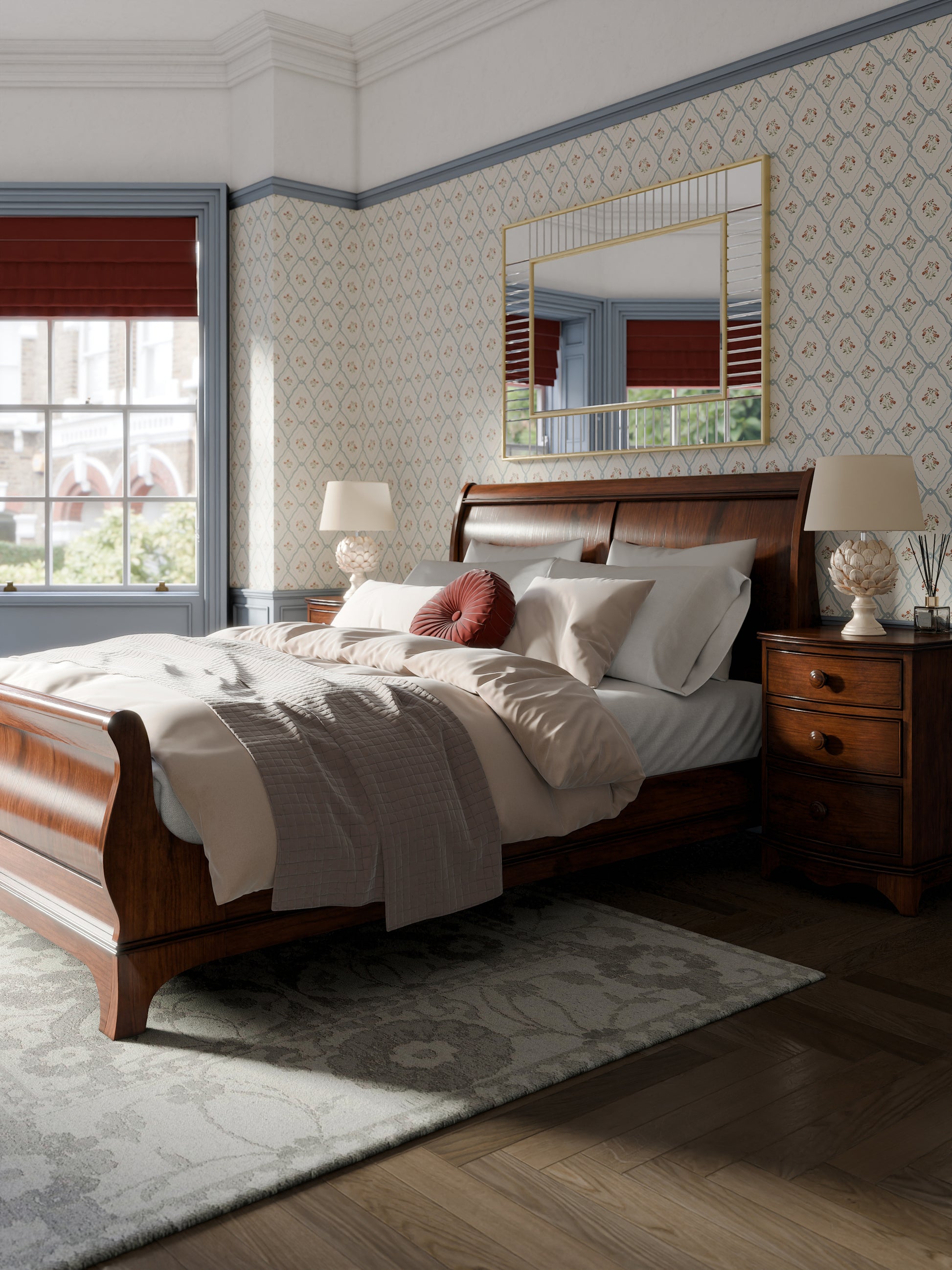 A right-hand corner angle of a dark brown wooden bed frame with a headboard and footboard, displayed against a wallpapered background.