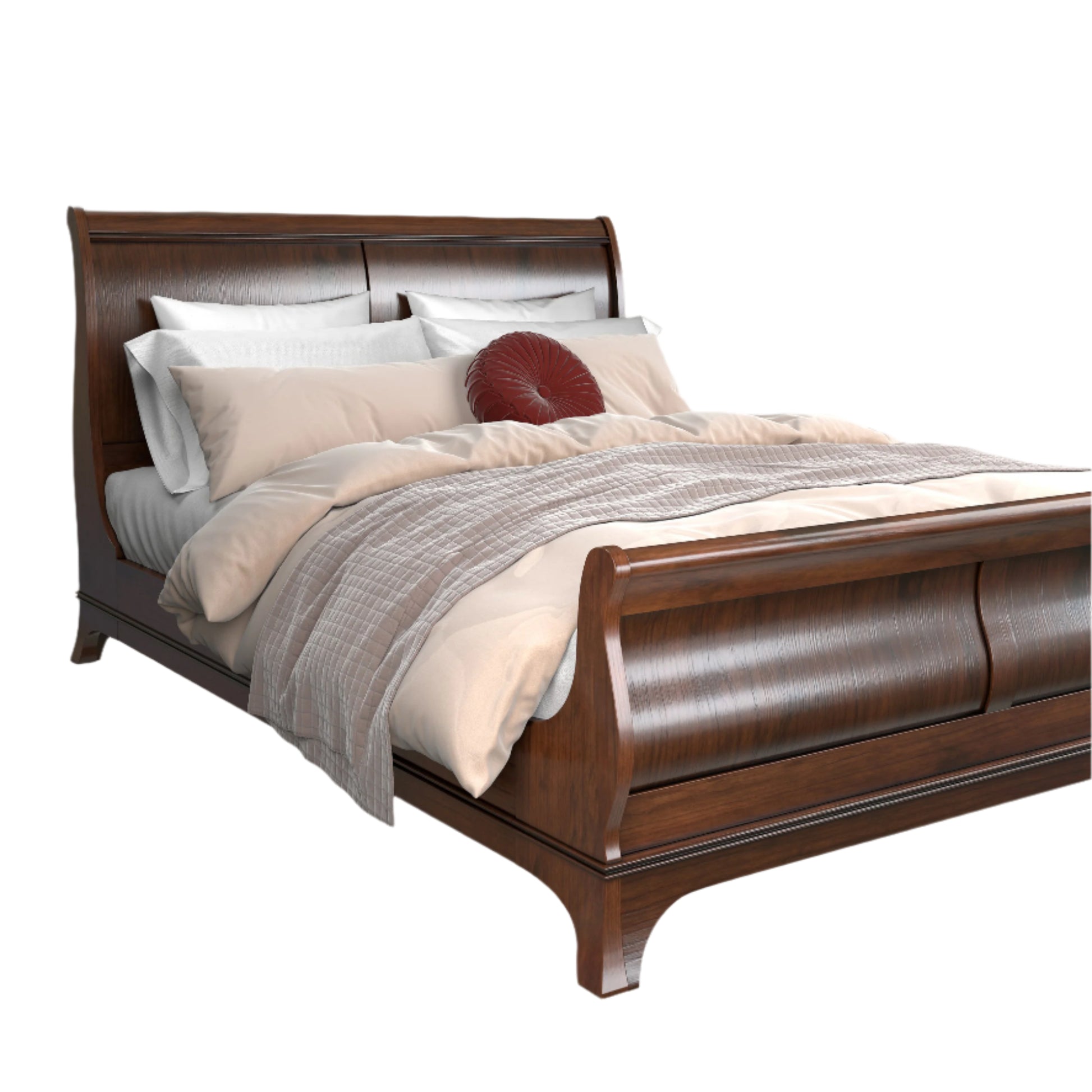 A left-hand corner angle of a dark brown wooden bed frame with a headboard and footboard, displayed against a plain background.